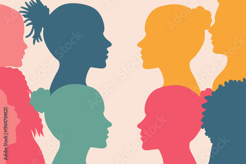 Silhouettes of diverse women s profiles in vibrant overlapping colors