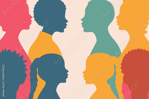 Diverse group of people represented by colorful silhouette profiles facing each other