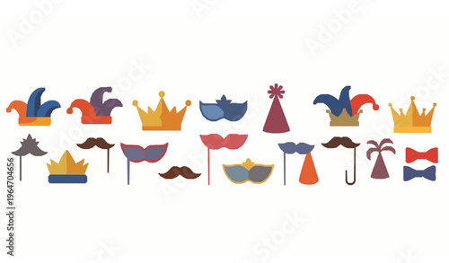 Festive party prop icons set with masks crowns hats and bowties vector isolated on white background