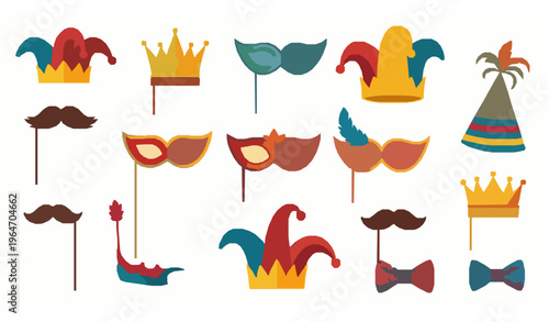 Colorful festive party props collection masks hats moustaches and bowties vector isolated on white background