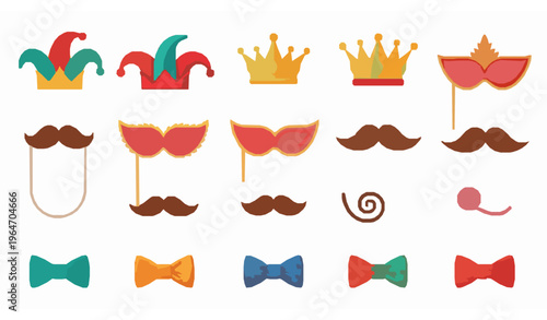 Fun party props set with jester hats crowns masks moustaches and bowties vector isolated on white background