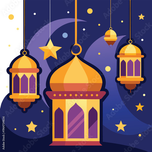 Ramadan lanterns hanging on strings against night sky background