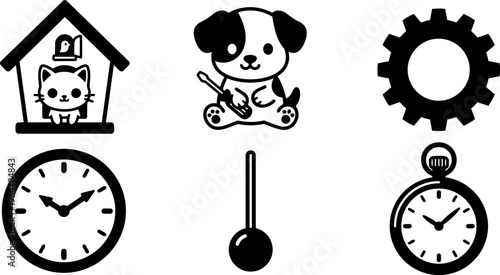 Black and white cute cat dog clock thermometer and gear vector icons