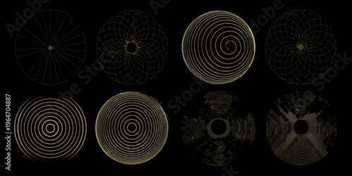 Abstract golden geometric shapes resembling ellipses with intricate spiral patterns