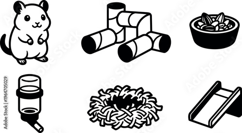 Black and white hamster cage accessories set with water bottle slide and nest