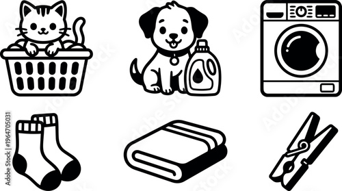 Black and white vector icons of cat in laundry basket dog with detergent machine socks towel and clothespin