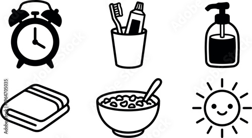 Black and white line art morning routine icons set with alarm clock toothbrush soap and sunshine