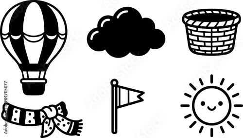 Black and white cute hot air balloon cloud basket flag sun vector art