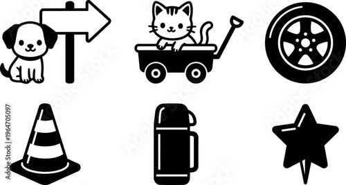 Black and white vector icons of puppy with arrow sign cat in wagon wheel traffic cone thermos and star