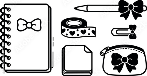 Black and white stationery set with bow decorations including notebook pen and washi tape