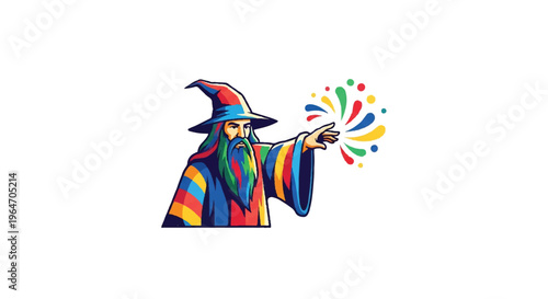 Colorful wizard illustration with magic elements on white background