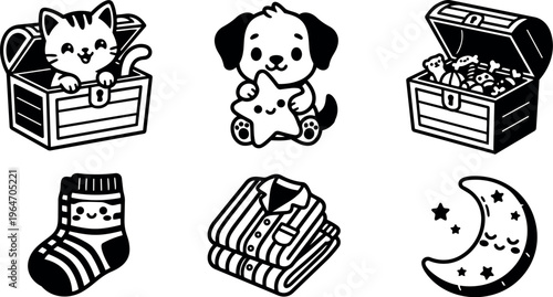 Cute kitten in treasure chest and sleeping moon with stars vector icons