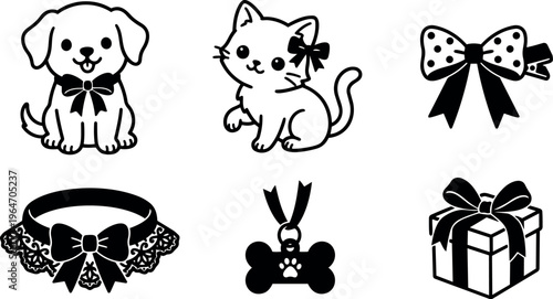 Black and white dog and cat with bows and pet collar vector icons