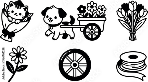 Black and white line art cat in bouquet and dog pulling flower cart with single flower wheel and ribbon spool