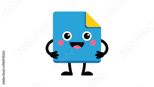 Cheerful blue document character with yellow folded corner and pink cheeks keywords: paper file cartoon