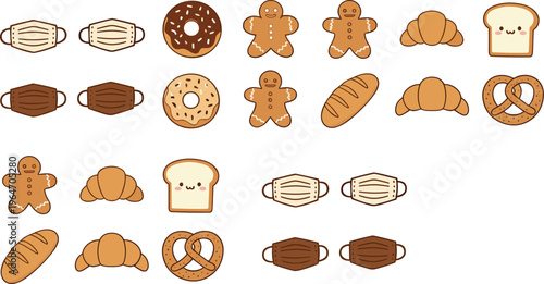 Bakery and Face Mask Icon Collection Featuring Bread, Donut, Gingerbread Cookies and Protective Masks Cartoon Vector Illustration Set