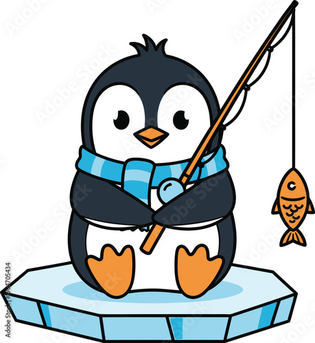 Adorable cartoon penguin fishing on ice floe wearing scarf, catching fish, winter theme, transparent background.