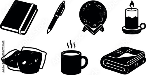 Black and white flat design icons of book pen crystal ball candle cookies coffee and blanket