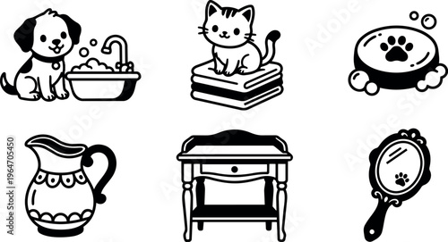 Black and white pet bath dog and cat with soap and towels line art