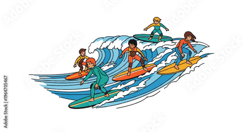 Surfers riding ocean waves illustration