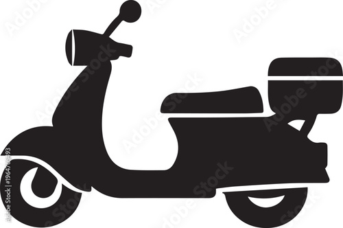 A black and white minimalist silhouette graphic of a classic retro style motor scooter vehicle Vector, illustration