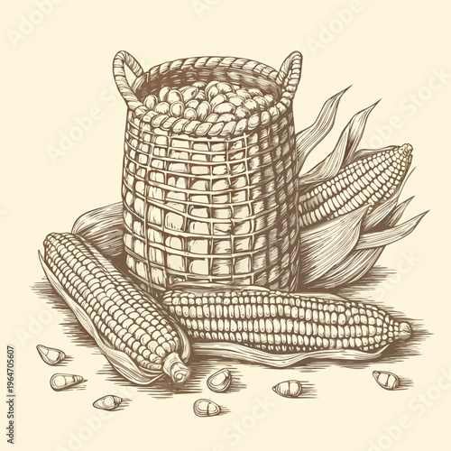 Vintage illustration of a woven basket filled with fresh corn cobs