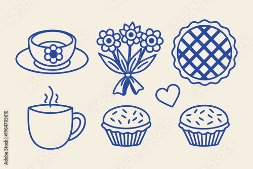 A charming blue line drawing featuring tea flowers pie and pastries