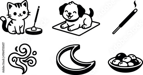 Cute cat with incense stick and happy dog on mat with incense smoke moon and bowl