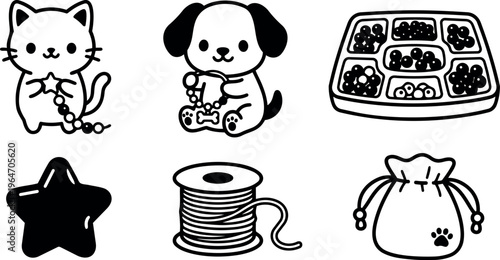 Black and white cute cat and dog playing with beads and crafting supplies line art