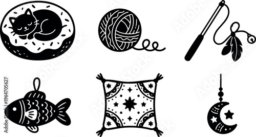 Black and white simple cat donut fish ball yarn wand pillow and moon icons