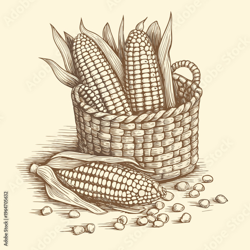 A vintage illustration of fresh corn cobs in a woven basket