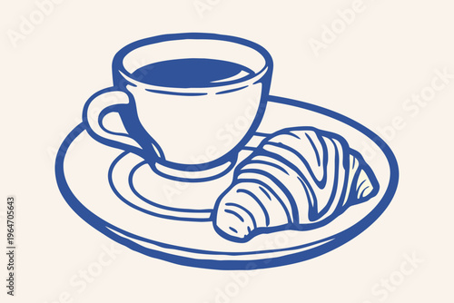 A simple illustration of a coffee cup and croissant on a saucer