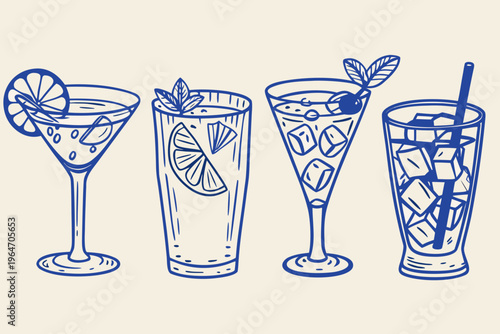 Four refreshing cocktails illustrated with a blue line art style