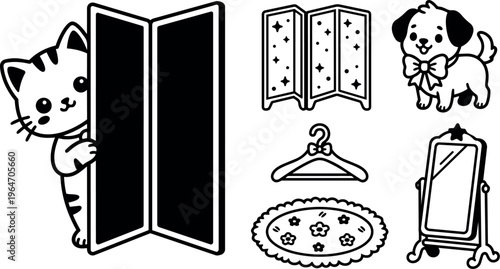 Black and white cute cat and dog with folding screen hanger rug and mirror vector art