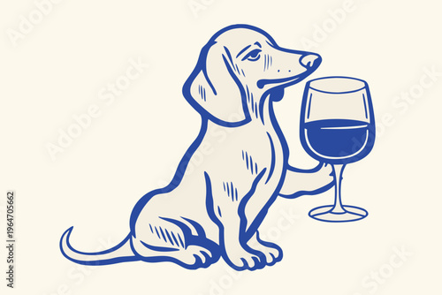 A melancholic beagle sits with a glass of red wine looking forlorn