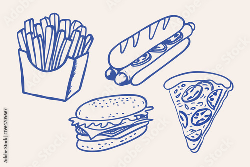A hand drawn illustration of classic fast food items including pizza and burgers