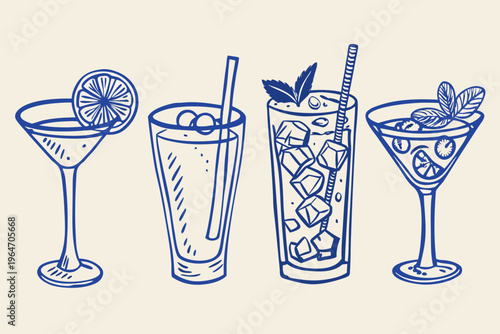Hand drawn illustration of four different cocktail glasses with garnishes