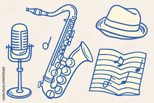 A vintage collection of jazz instruments and musical elements