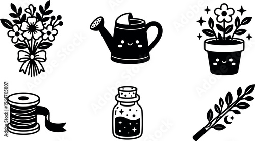 Black and white kawaii style gardening and floral icons set