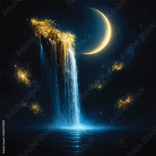 Dreamy enchanted night scene featuring a glowing golden waterfall cascading under a radiant crescent moon in the dark