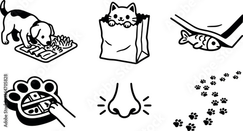 Black and white pet icons dog eating cat in bag fish bone nose paw prints