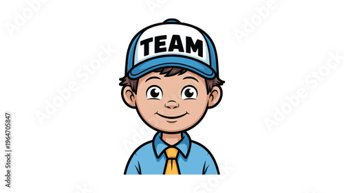 Cartoon boy wearing a blue baseball cap with the word t e a m in keywords: black letters and a yellow tie