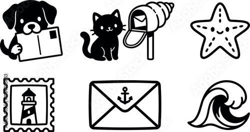 Black and white line art cat dog mailbox starfish lighthouse and sea wave icons
