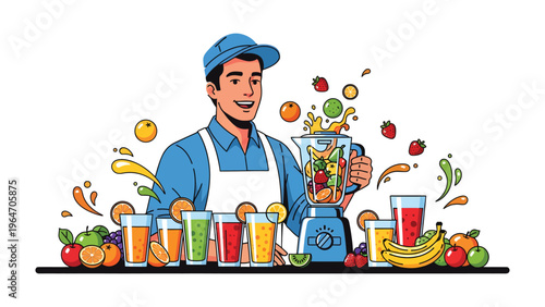 A Symphony of Flavors: A smiling man, expertly blends a vibrant array of fruits, creating an explosion of colors and tastes. The artwork captures the essence of fresh, healthy juice preparations.