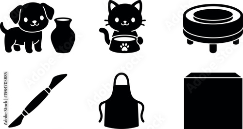 Black silhouette icons of dog cat paintbrush apron box and furniture