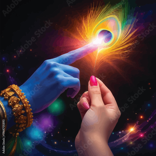 Mythological hands interacting with a glowing peacock feather, spiritual illustration of divine connection and cosmic energy, mythological hand, blue hand, human hand, cosmic background, glowing light