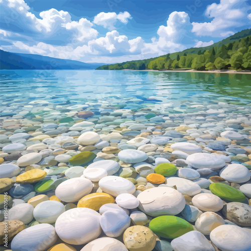 Serene clear lake shore with colorful pebbles and transparent water, idyllic nature landscape background with mountains, mountain lake, rocky bottom, sunny day, blue sky