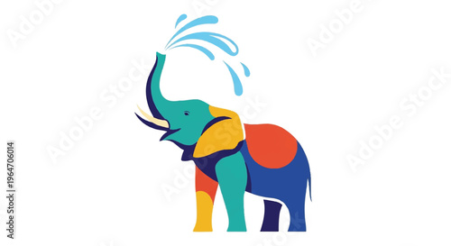 Colorful elephant illustration spouting water isolated on white background