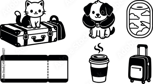 Black and white line art travel icons cat dog coffee plane window suitcase ticket