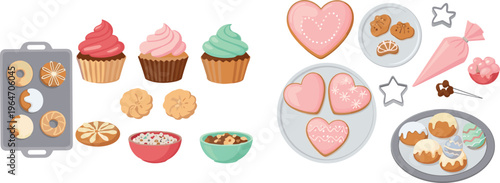 Christmas baking vector set with cookies, cupcakes and cake decorations, festive dessert preparation collection isolated on white background illustration